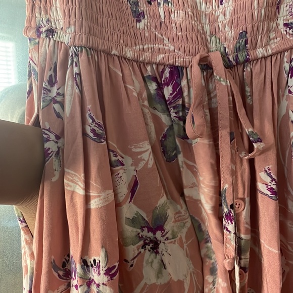 Cold Shoulder High Low Hem Allover Floral Dress with Pockets off peach color - Picture 3 of 12